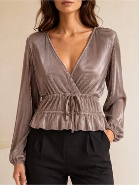 Zara Pleated Satin Wrap Peplum Party Blouse Taupe Size L